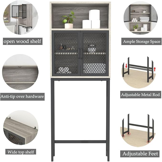 Launica Bathroom Space Saver, Over The Toilet Storage Cabinet, Metal and Wood Industrial Organizer Stand Above Toilet, Freestanding Rack Behind Toilet Wtih Shelf, Light Grey Oak