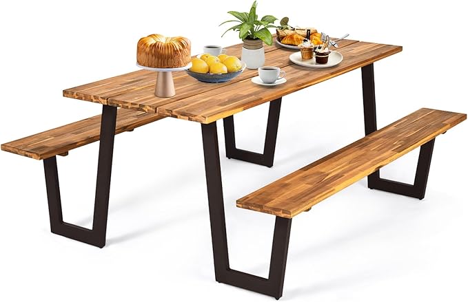 COSTWAY Acacia Wood Picnic Table, 70” Tabletop with Umbrella Hole, Strong Metal Frame, 6 Person Outdoor Picnic Table Bench Set for Patio, BBQ, Dining