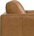 SIMPLIHOME Morrison Accent Chair - 43 inch Wide Upholstered Top Grain Genuine Leather Mid-Century Modern Arm Chair with Solid Wood Frame in Sienna, for Living Room or Bedroom with 2 Bolster Pillows