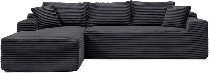 95 Inch Cloud Sectional Couch,Modular Sectional Sofa with Deep Seat,Modern Corduroy Boneless Couches with L-Shape Chaise for Living Room Bedroom,No Assembly Required (Black, Left Facing Chaise)