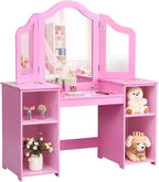 GOFLAME Kids Vanity Table, 2 in 1 Detachable Design with Dressing Table and Writing Desk, Princess Makeup Dressing Table with 4 Large Storage Shelves and 3-Panel Mirror for Kids and Girls (Pink)