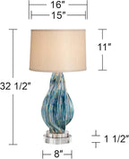 Possini Euro Design Teresa Coastal Modern Table Lamp with Round Riser 32.5" Tall Blue Teal Drip Ceramic Beige Drum Shade Living Room Bedroom House Bedside Nightstand Home Office (Color May Vary)