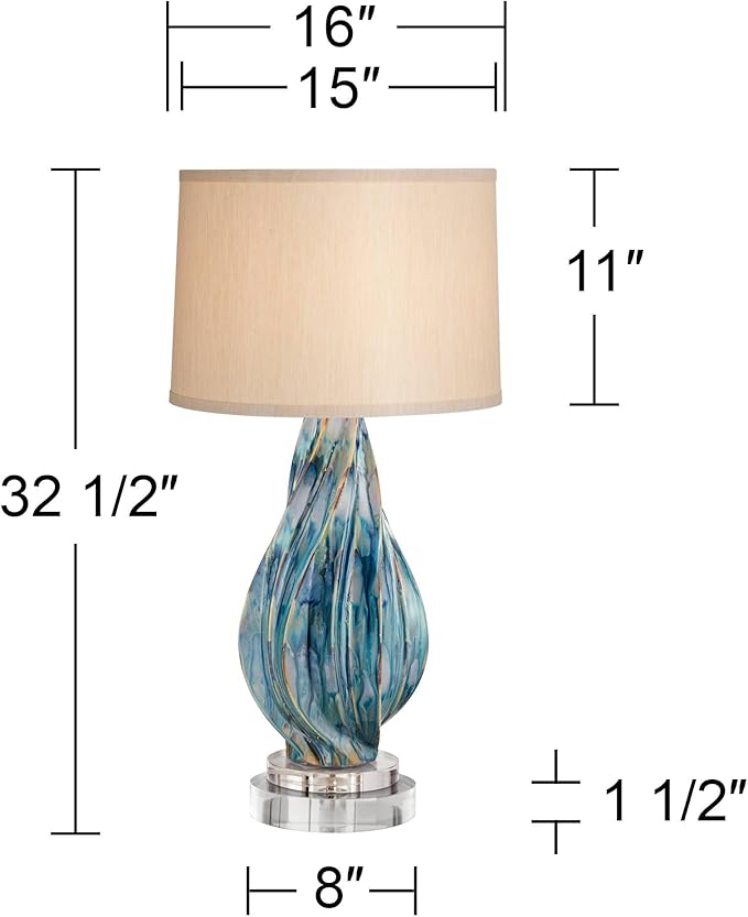Possini Euro Design Teresa Coastal Modern Table Lamp with Round Riser 32.5" Tall Blue Teal Drip Ceramic Beige Drum Shade Living Room Bedroom House Bedside Nightstand Home Office (Color May Vary)