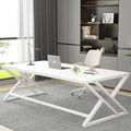 LVB White Long Computer Desk, Modern Large Wood Metal Office Desk, Farmhouse Pc Study Work Writing Desk for Two Person, Rustic Double Workstation Executive Desk for Home Bedroom Living Room, 70 Inch
