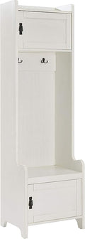 Crosley Furniture Fremont Hall Tree with Storage Cabinets and Coat Rack Hooks for Hanging, Distressed White