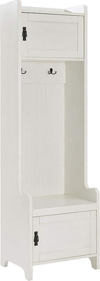 Crosley Furniture Fremont Hall Tree with Storage Cabinets and Coat Rack Hooks for Hanging, Distressed White