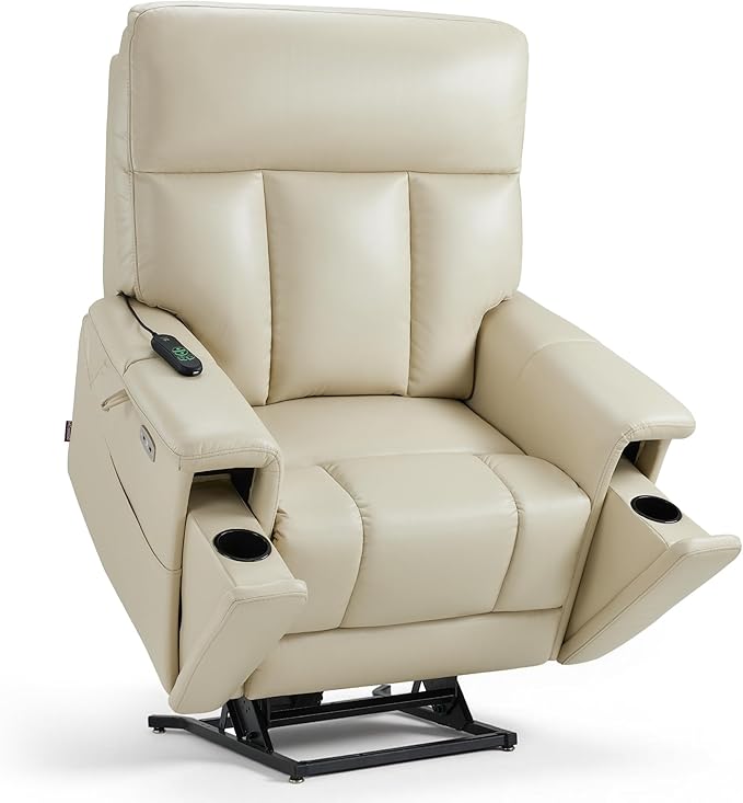 MCombo Heavy Duty Lift Chair for Elderly, Extra Wide Dual Motor Power Lift Recliner 450lbs with Hidden Cup Holders, USB Charging, Breathable Faux Leather R7777 (Cream White)