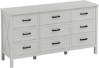 LYNSOM Farmhouse 9 Drawers Dresser for Bedroom, 55" Wide Wood Rustic Chest of Drawers with Natural Texture, Metal Handle, Storage Dressers Organizer for Entryway, Hallway, White