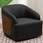 Swivel Accent Chair Faux Leather Swivel Barrel Chair Comfortable Mid Century Modern Chair Upholstered Metal Base Armchair for Living Room Bedroom Office Large Vintage Black