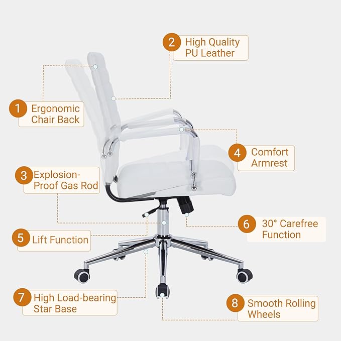 Sidanli Ergonomic Desk Chairs, Executive Swivel Faux Leather Mid Back Chair with Comfortable Lumbar Support and Smooth Rolling Wheels for Office, White