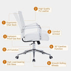 Sidanli Ergonomic Desk Chairs, Executive Swivel Faux Leather Mid Back Chair with Comfortable Lumbar Support and Smooth Rolling Wheels for Office, White