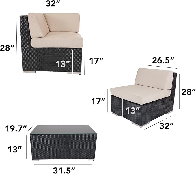Outdoor Patio Furniture with 6-inch Thick Rainshield Cushions, No-Assembly 7-Piece All-Weather Wicker Sectional Set (Sunbrella Coal)