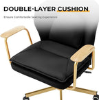 Furniliving Leather Office Chairs,Gold Office Chair, Adjustable Swivel Computer Chair with Golden Legs and Wooden Padded Armrest, Modern Upholstered Task Chair with Wheels,Black