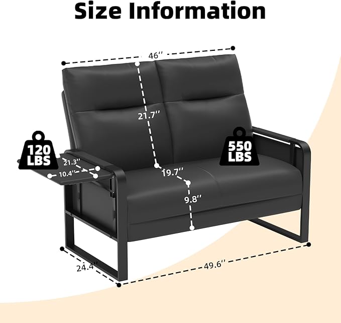 Modern Leather Loveseat, Small Sofa with Side Tray & Pocket, Upholstered Mini Couch for Living Room, Office, Guest Room, Black
