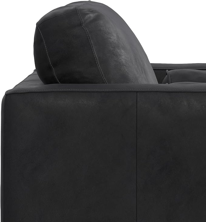 SIMPLIHOME Morrison Accent Chair - 43 inch Wide Upholstered Top Grain Genuine Leather Mid-Century Modern Arm Chair with Solid Wood Frame in Lead Black, for Living Room with 2 Bolster Pillows