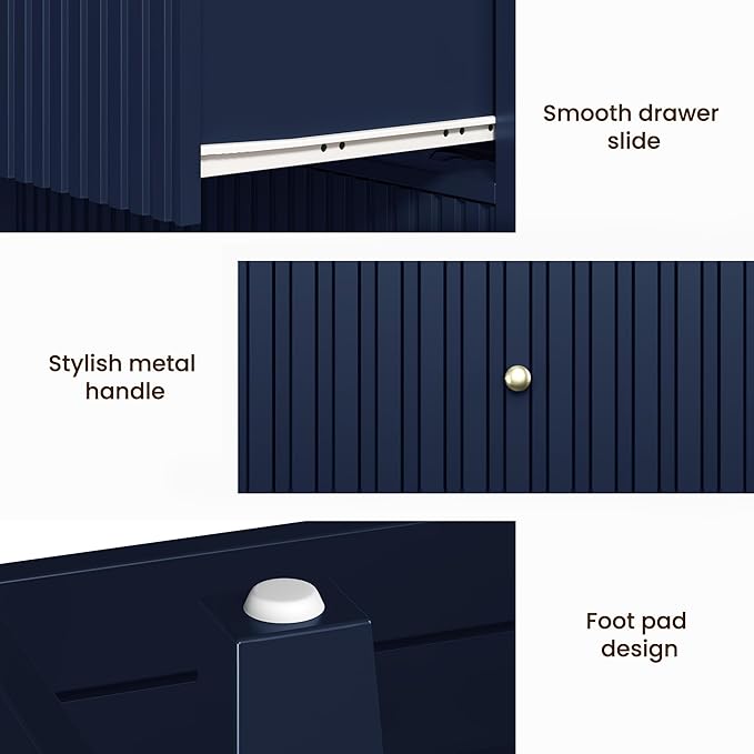 RoyalCraft 32" Large Nightstand Set of 2, Fluted Painted Wood Dresser with 3 Spacious Drawers, Blue Modern Bedside Table for Bedroom