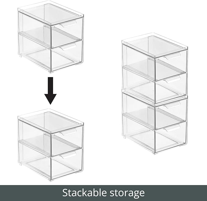 mDesign Stackable Storage Containers Box with 2 Pull-Out Drawers - Stacking Plastic Drawer Bins for Kitchen Pantry and Cupboard, Cabinet, Counter, Island and Tables - Lumiere Collection, 4 Pack, Clear