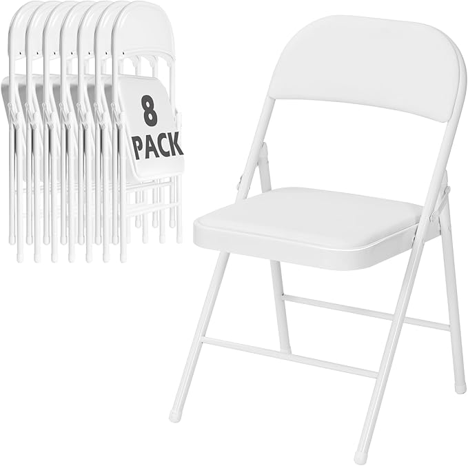 8 Pack White Folding Chairs with Padded Cushion for Outside, Portable Stackable Commercial Metal Foldable Chairs with Steel Frame for Home Events Office Wedding Party, 350lbs Capacity
