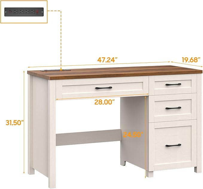 Vabches Farmhouse 47" Executive Desk with 4 Drawers, Computer Desk with File Drawer and Charging Station, Workstation for Home Office, Study.（Unique White）