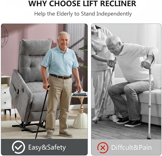 PELUMY Manual Lift Recliner Chair with Massage and Heat for Elderly, Single Motor Electric Lift Chair, Heavy Duty Recliner with USB Charging & Side Pockets (Chenille, Light Grey)