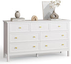 White Dresser for Bedroom with Gold Handle Modern 7 Drawer Dresser, Wood Chest of Drawer Closet Clothes Storage Organizer for Living Room, Hallway, TV Stand, 55 Inch
