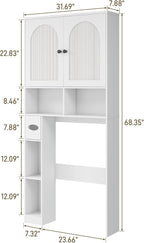 Vabches Over The Toilet Storage Cabinet, Rattan Storage Cabinet Over Toilet with 2 Doors & Toilet Paper Holder Stand, Freestanding Toilet Shelf Space Save with Anti-Tip Design Adjustable Shelf, White