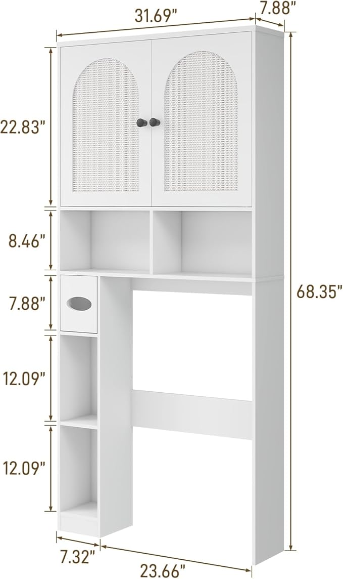Vabches Over The Toilet Storage Cabinet, Rattan Storage Cabinet Over Toilet with 2 Doors & Toilet Paper Holder Stand, Freestanding Toilet Shelf Space Save with Anti-Tip Design Adjustable Shelf, White