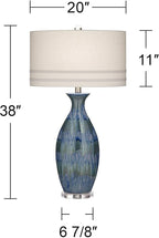Possini Euro Design Annette Modern Style 3-Way Table Lamp with Table Top Dimmer 38" Tall Blue Drip Ceramic Off White Fabric Oval Shade Decor for Living Room Bedroom House Bedside Home