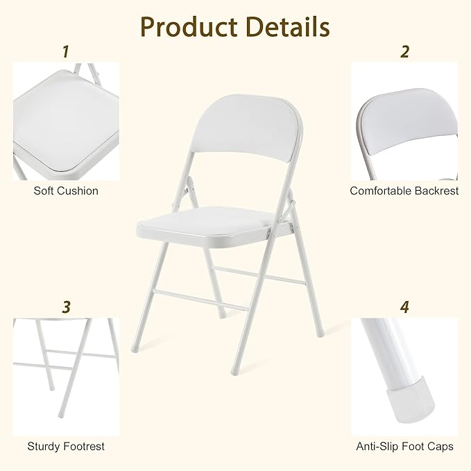 10 Pack Folding Chairs with Padded Cushion and Back, White Portable Heavy Duty Metal Frame Commercial Seat with 330-LBS Capacity for Indoor Outdoor Office Party Events Kitchen Wedding