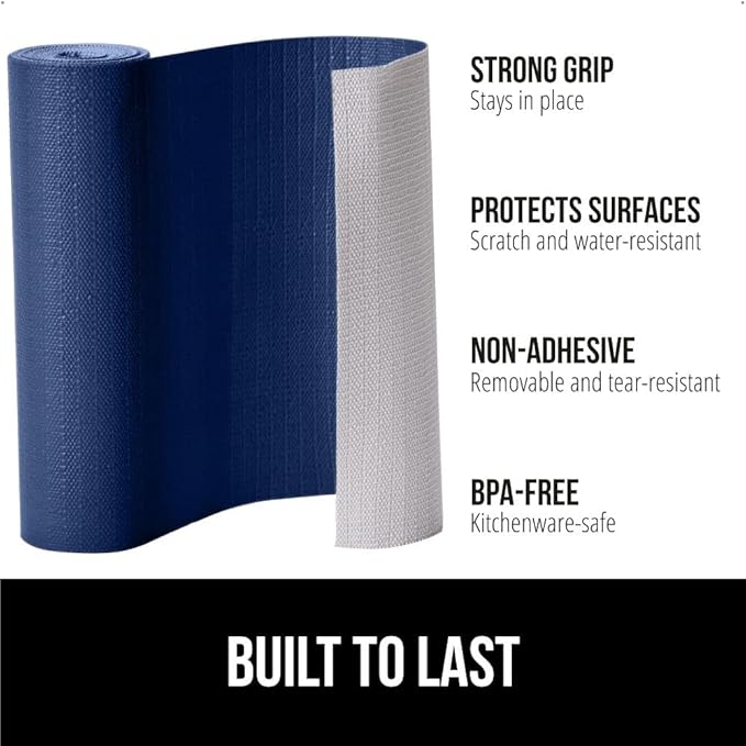 GORILLA GRIP DripGuard Shelf Liner, Non Adhesive Drawer and Kitchen Cabinet Protector, Slip Resistant BPA Free Smooth Surface Plastic Liners for Cabinets, Bathrooms, Closets, 17.5x120 Inch, Navy Blue