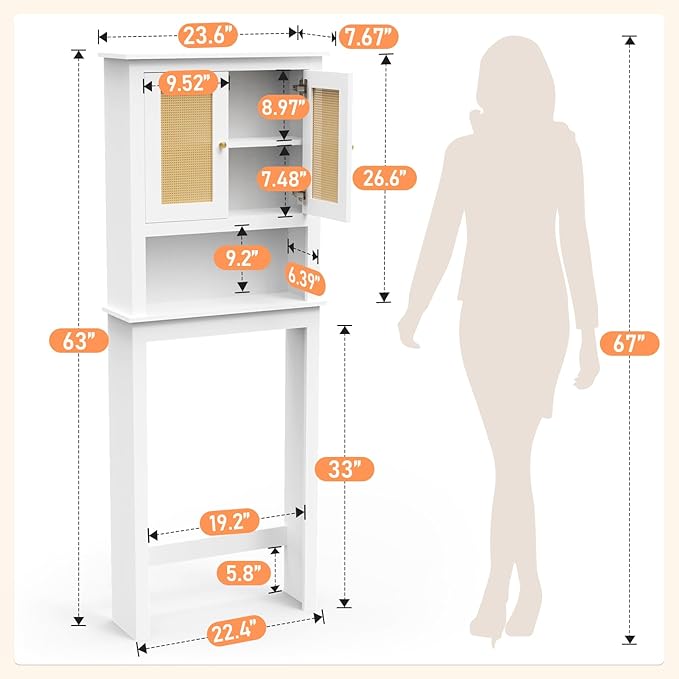 Over The Toilet Storage Cabinet, Behind Toilet Bathroom Organizer with Adjustable Shelves, Above Toilet Organizers with Rattan Door, Space Saver for Restroom, Bathroom, Laundry