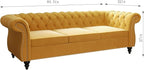 Chesterfield 3 Seater Sofa, Modern Velvet Tufted Couch 3 Seater with Rolled Arms and Nailhead Mid-Century Upholstered Couch for Living Room, Bedroom, Apartment and Office, Yellow