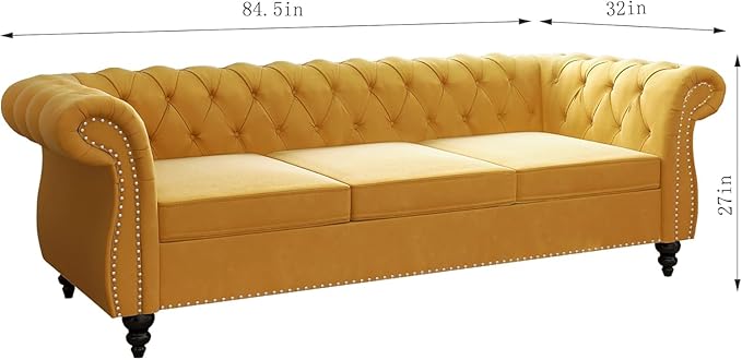 Chesterfield 3 Seater Sofa, Modern Velvet Tufted Couch 3 Seater with Rolled Arms and Nailhead Mid-Century Upholstered Couch for Living Room, Bedroom, Apartment and Office, Yellow