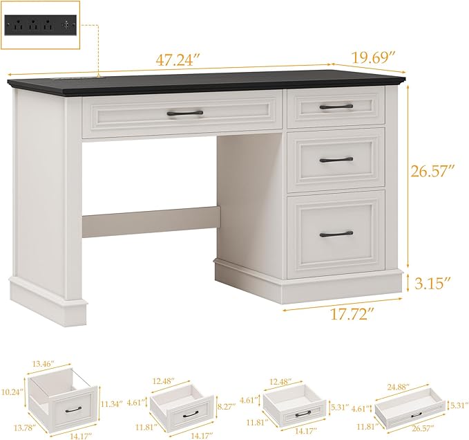 Farmhouse 47" Executive Desk, Computer Desk with Drawers and File Drawer, Workstation Computer Desk with Charging Station for Home Office, Study (Black)