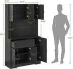 71" Kitchen Pantry Cabinet with Hutch - Freestanding Pantry Cabinet with Drawer, Adjustable Shelves, LED Light & Power Outlets for Kitchen, Dining Room, Living Room (Black)