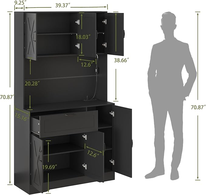 71" Kitchen Pantry Cabinet with Hutch - Freestanding Pantry Cabinet with Drawer, Adjustable Shelves, LED Light & Power Outlets for Kitchen, Dining Room, Living Room (Black)