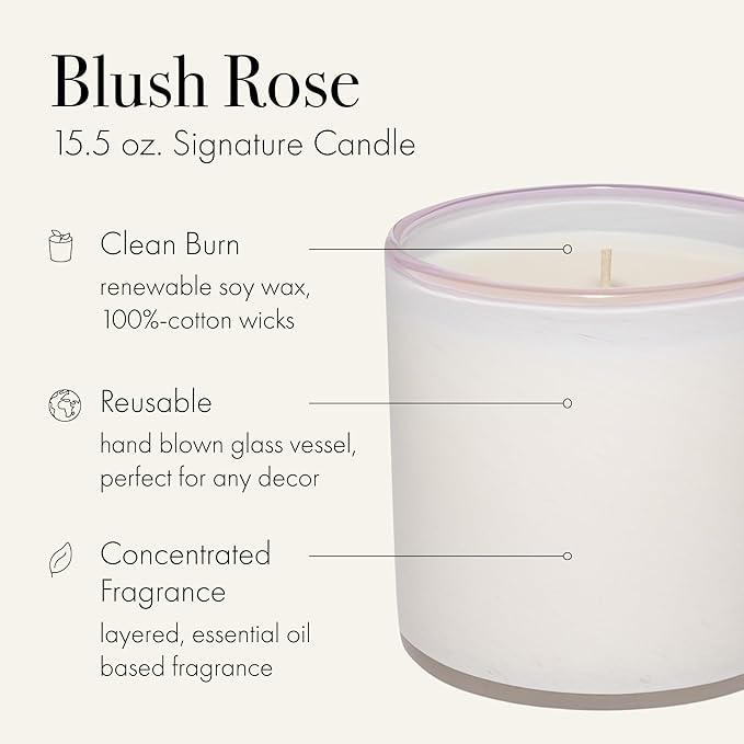 LAFCO New York Signature Candle, Blush Rose - 15.5 oz - 90-Hour Burn Time - Reusable, Hand Blown Glass Vessel - Made in The USA