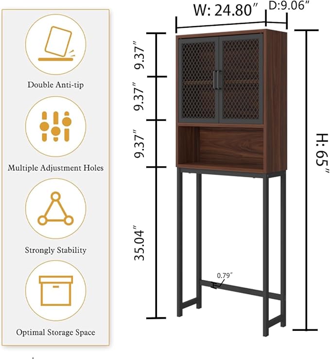 Launica Over The Toilet Storage Cabinet, Bathroom Organizer Over Toilet, Wood Metal Industrial Bathrooms Space Saver Shelf, Freestanding Bathrooms Cabinet Above Toilet wtih Rack, Walnut