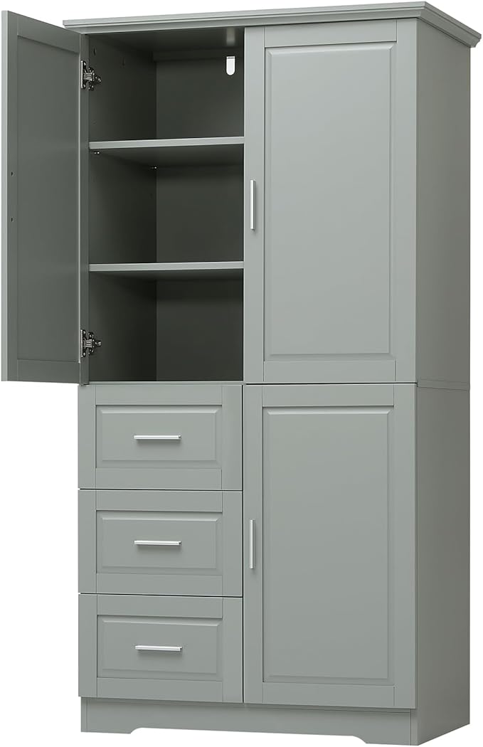 P PURLOVE Bathroom Storage Cabinet with 3 Drawers,Tall and Wide Bathroom Cabinet Standing,Wood Freestanding Tall Bathroom Cabinet for Kitchen,Living Room