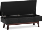 SIMPLIHOME Owen 48 inch Wide Mid Century Modern Rectangle Rectangular Storage Ottoman in Distressed Black Vegan Faux Leather, Assembled, for the Living Room, Entryway and Family Room