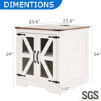 White Farmhouse End Table Set of 2, 24" Wood Sofa Side Table with Charging Station, Nightstand with Mesh Barn Door for Living Room, Square