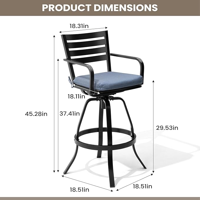 Pellebant Patio Swivel Barstools Set of 6, Aluminum 29.5" Outdoor Bar Height Stool Chairs with Back & Footrest,Rust-Proof Tall Patio Bar Stools for Deck Lawn Garden,Spectrum Denim