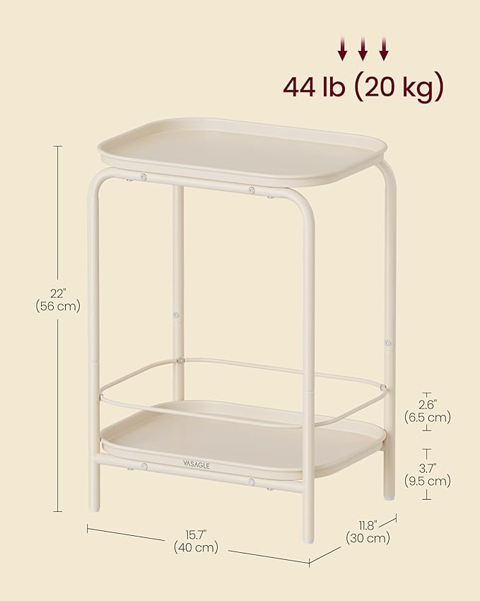 VASAGLE 2-Tier Outdoor Table, Small Side End Table with Tray Storage, Bedside Nightstand for Living Room, Bedroom, Modern Style, Cream White ULET243W01