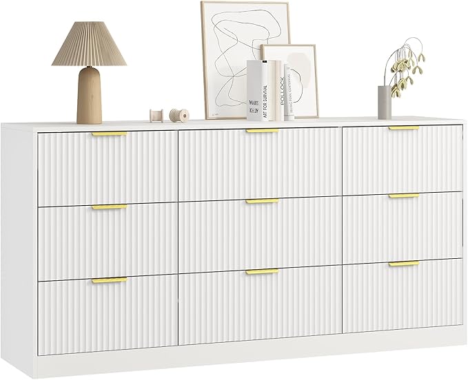 3-Piece Modern Bedroom Furniture Set, Wide 9-Drawer Dresser & 2-Drawer Nightstands Set of 2, Natural Wood Dresser and Nightstand Sets for Bedroom, Hallway, White