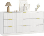 3-Piece Modern Bedroom Furniture Set, Wide 9-Drawer Dresser & 2-Drawer Nightstands Set of 2, Natural Wood Dresser and Nightstand Sets for Bedroom, Hallway, White