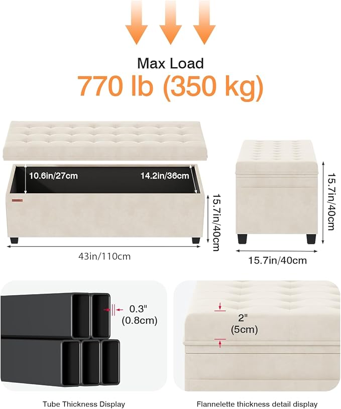 Velvet Storage Ottoman Bench, End of Bed Bench with Legs, Large Entryway Bench, Foot Rest Stool, Tea Table for Bedroom, Living Room, Loads 770 lb, 15.7"L x 43"W x 15.7"H, Cream White, UASND62W