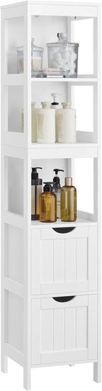 VASAGLE Storage Cabinet, Storage Organizer Rack Stand for Bathroom, Living Room, Bedroom, Multifunctional Corner Unit, 2 Drawers, 55.7 Inches in Height, White UBBC66WT