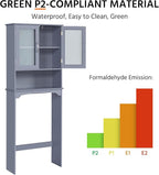 Yaheetech Over The Toilet Storage Cabinet, Free Standing Toilet Rack with Adjustable Shelves and Tempered Glass Doors for Bathroom Washroom, Grey