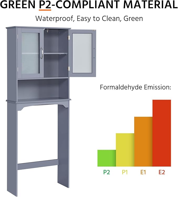Yaheetech Over The Toilet Storage Cabinet, Free Standing Toilet Rack with Adjustable Shelves and Tempered Glass Doors for Bathroom Washroom, Grey
