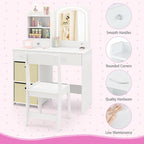 GLACER Kids Vanity Table and Chair Set, Princess Makeup Vanity Desk with 5 Drawers, Open Shelves, Mirror, 2-Color LED Lights, Wooden Toddler Vanity, Pretend Play Vanity Set for Little Girls (White)